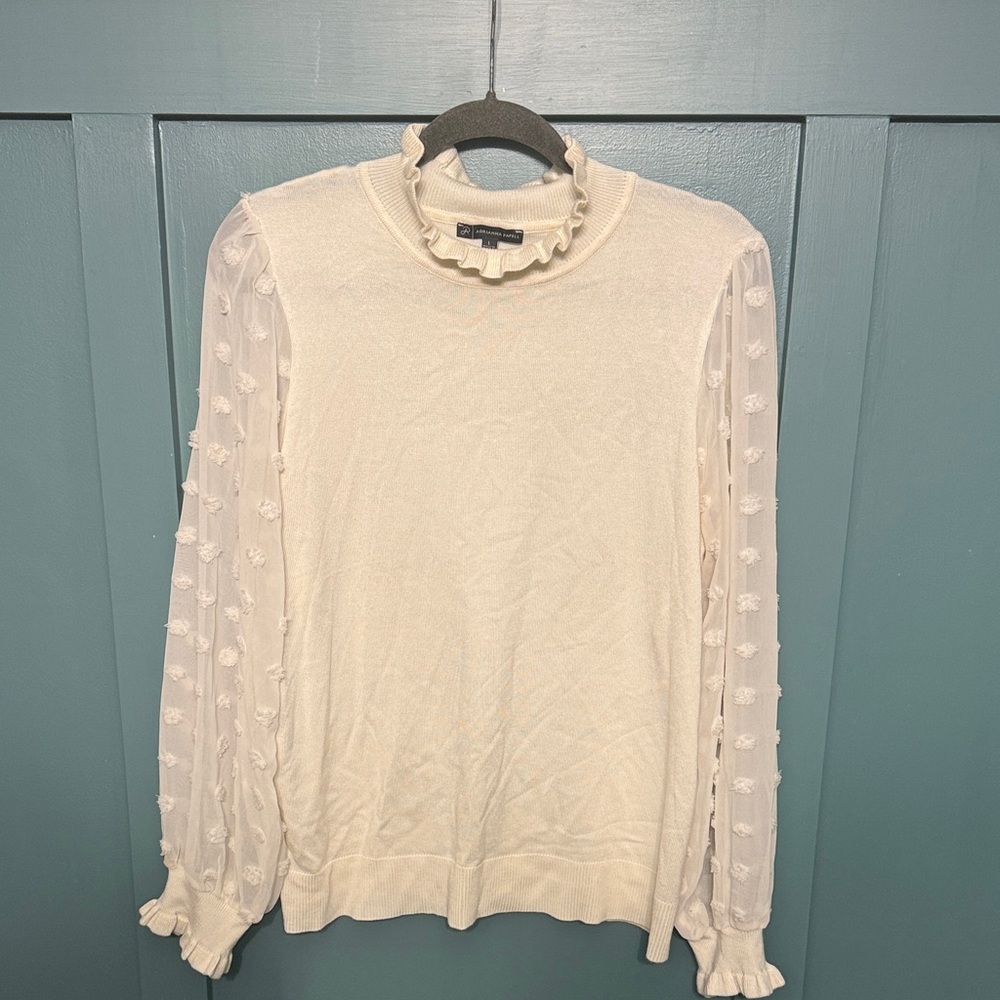 Adrianna Papell Cream Blouse with Sheer Polka Dot Sleeves
